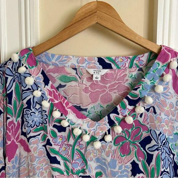 Crown & Ivy Size Large Floral Kimono Sleeve Caftan Dress Swim Cover Up Pom Pom L - Picture 5 of 8